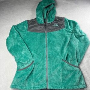 The North Face Girl's XL Fuzzy Fleece Full Zip Hooded Jacket Green Gray